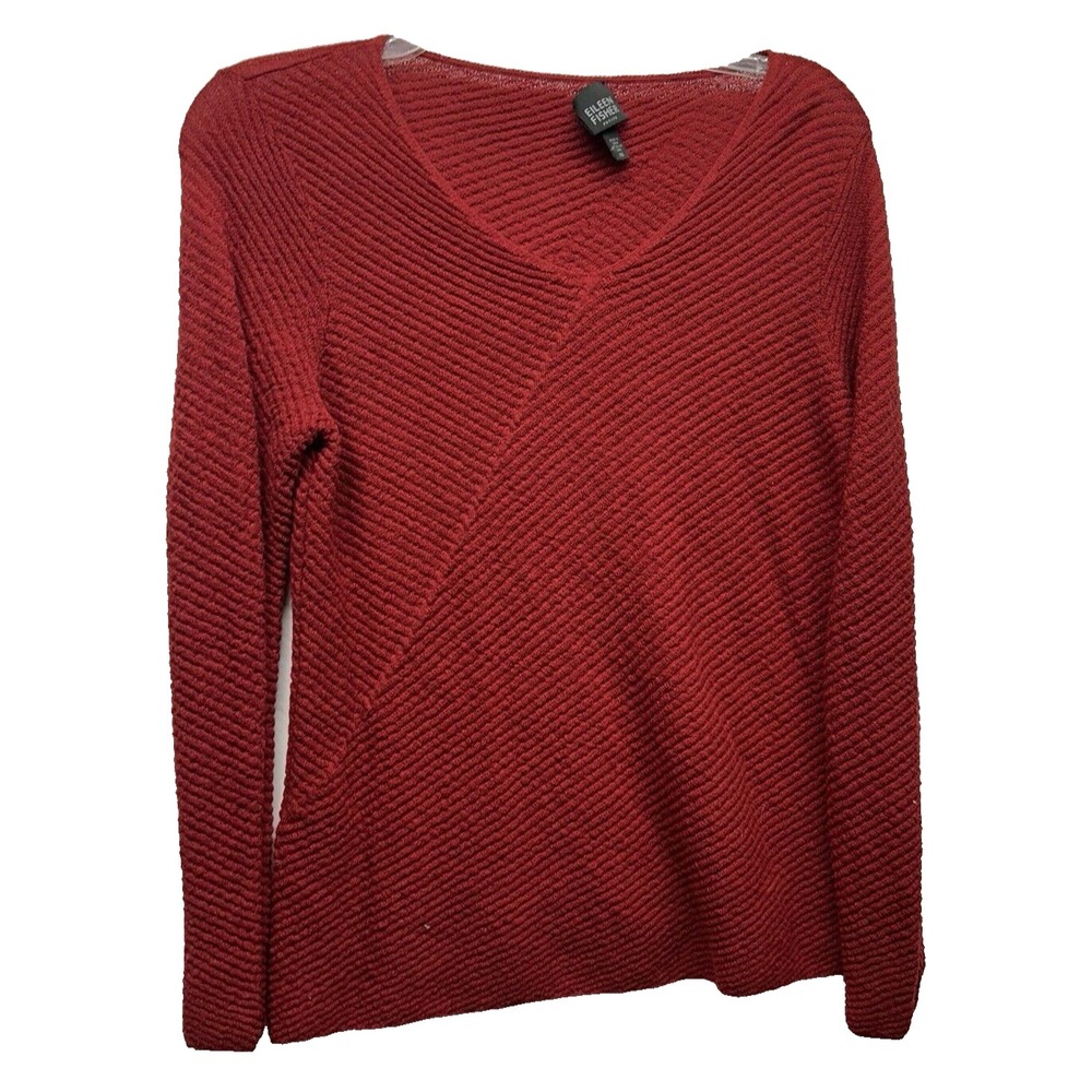 Eileen Fisher Women's Petite Medium Red V-Neck Wool Sweater (D6)